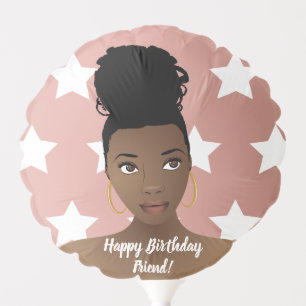 Happy Birthday! Black Woman, White Stars, Pink Balloon