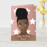 Happy Birthday! Black Woman, White Stars, Pink Card<br><div class="desc">This design features beautiful African American woman with a top knot bun,  on pink background with white stars.</div>