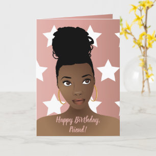 Happy Birthday! Black Woman, White Stars, Pink Card