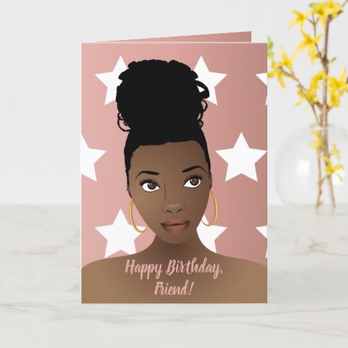 Happy Birthday Black Woman White Stars Pink Card