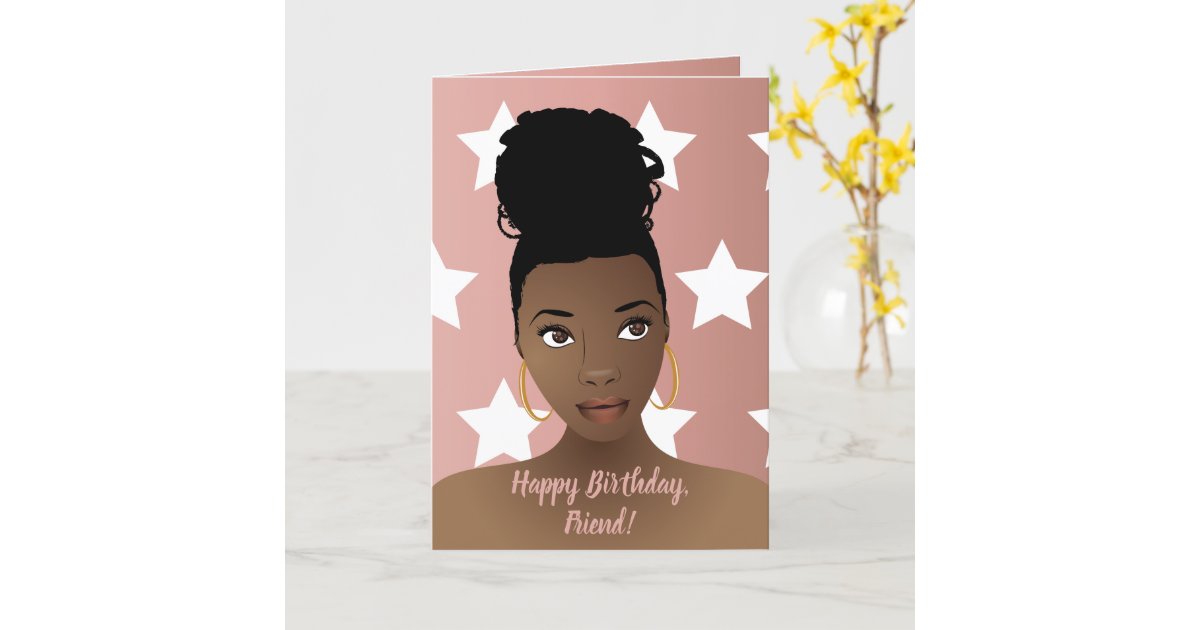 Happy Birthday! Black Woman, White Stars, Pink Card | Zazzle