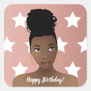 Happy Birthday! Black Woman, White Stars, Pink Square Sticker