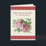 Happy Birthday Blessings to Special Friend Card<br><div class="desc">Beautiful Birthday Card with pinkish red roses and Butterflies. 
Red ribbon border with gold decor. Beige lace background.</div>
