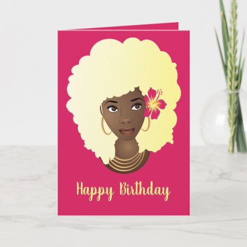 Happy Birthday Blonde Afro Pink Flower Card