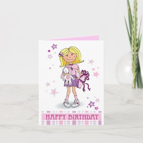 Happy Birthday blonde girl with gift birthday card