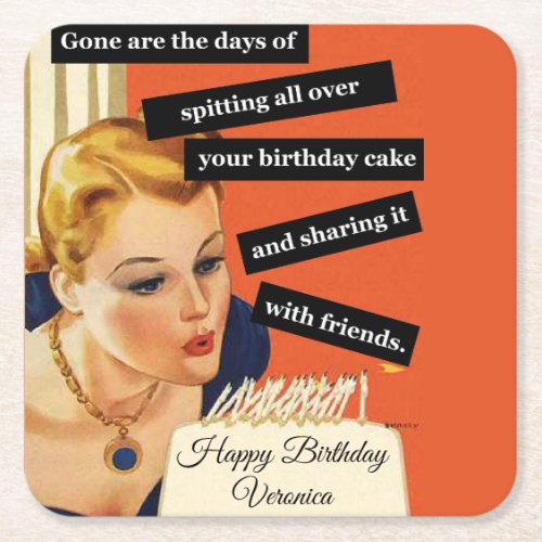 Happy Birthday Blowing Out Candles Vintage Funny Square Paper Coaster