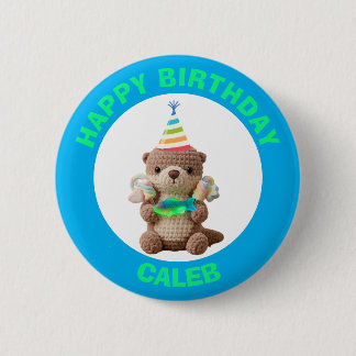 Happy Birthday | Blue and Green Teddy Bear Button