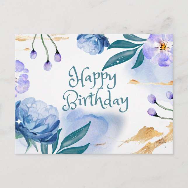 Happy Birthday Blue and Purple Watercolor Flowers Postcard (Front)