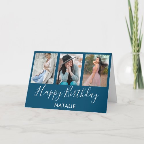 Happy Birthday Blue and White 3 Photo Collage Card