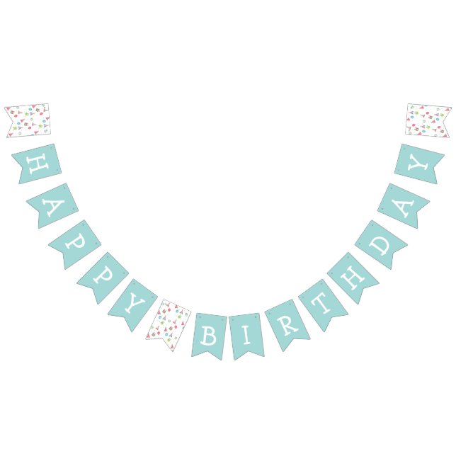 Happy Birthday Blue Balloons Hats Pattern Colorful Bunting Flags (All)