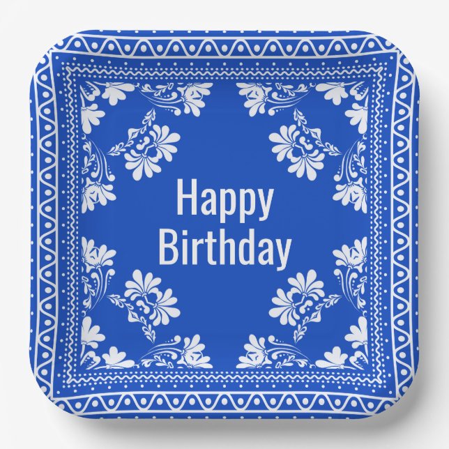 Happy Birthday Blue Bandana Paper Plates (Front)
