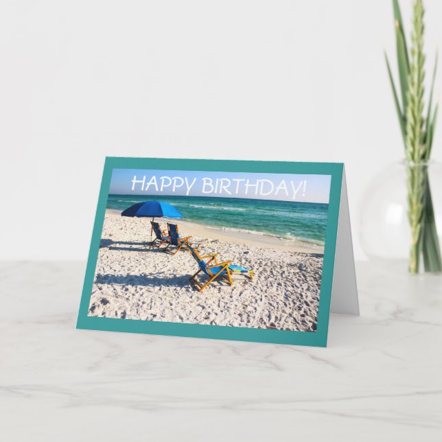 Happy Birthday! - Blue beach chairs florida scene Card (Front)