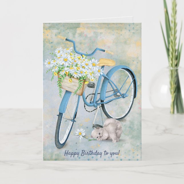 Happy Birthday blue bike with cat and daisy Card (Front)