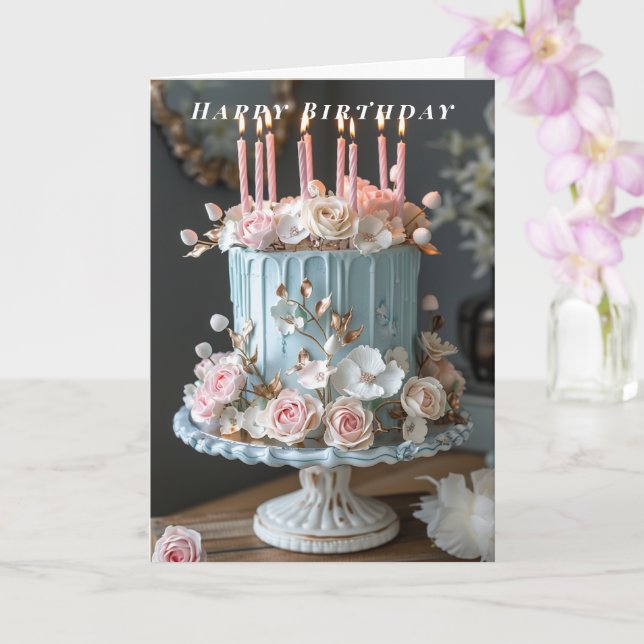 Happy Birthday  Blue  Cake Candles Spring Flowers  Card (Orchid)