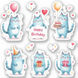 Happy Birthday - Blue Cats - Cake Balloons Gifts - Sticker
