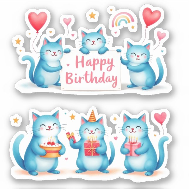 Happy Birthday - Blue Cats - Cake Balloons Gifts - Sticker (Front)
