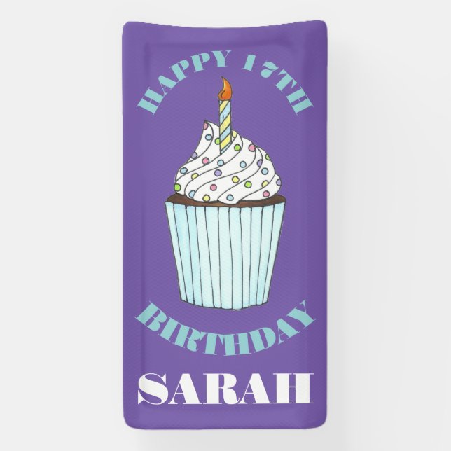 Happy Birthday Blue Cupcake Sprinkles Frosting Banner (Vertical)
