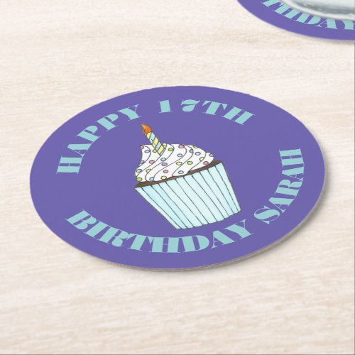 Happy Birthday Blue Cupcake Sprinkles Frosting Round Paper Coaster