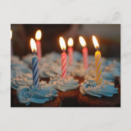 Happy Birthday Blue Cupcakes with Candle Postcard