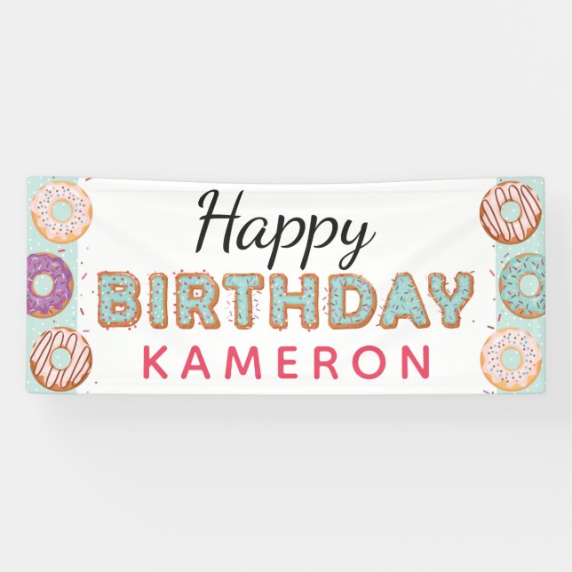 HAPPY BIRTHDAY Blue Donuts Baby Boy Custom Name Banner (Horizontal)
