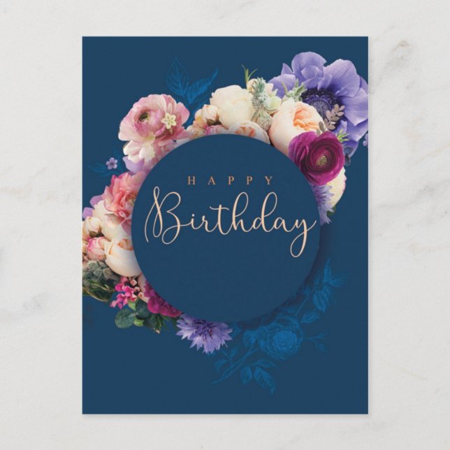 Happy birthday blue flowers postcard (Front)