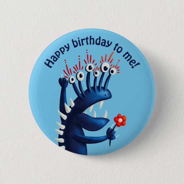 Happy birthday blue funny monster kids button (Front)