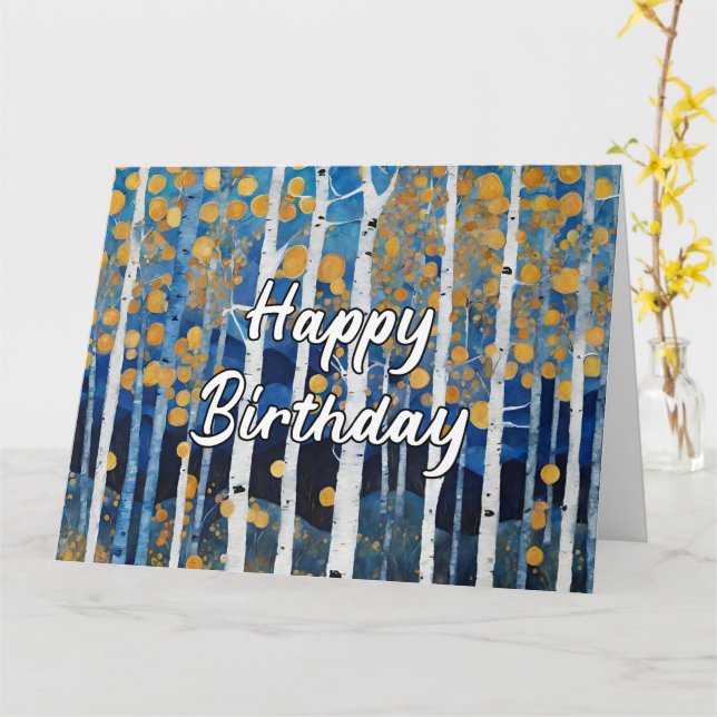 Happy Birthday Blue Gold Aspen Tree  Card (Yellow Flower)