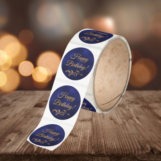 Happy Birthday blue gold decor Classic Round Sticker (Creator Uploaded)