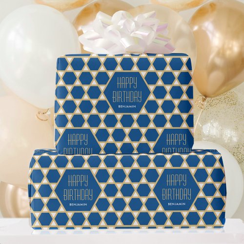 Happy Birthday Blue Gold Star Pattern Personalized Wrapping Paper