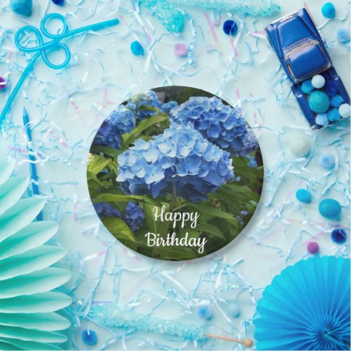 Happy Birthday Blue Hydrangea Flower Paper Plate