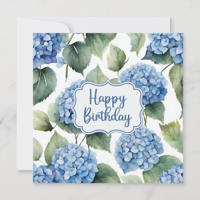 Happy Birthday Blue Hydrangea Flowers Watercolor  Card (Front)