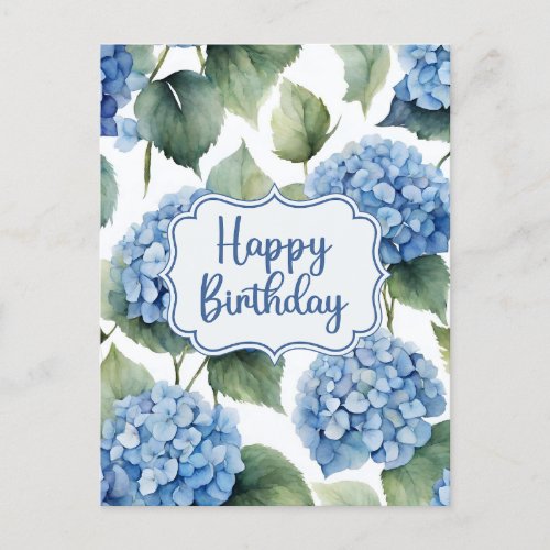 Happy Birthday Blue Hydrangea Flowers Watercolor  Postcard