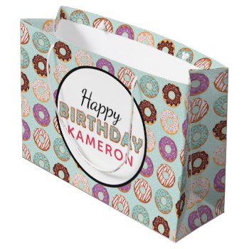 Happy Birthday Blue Iced Donuts Pattern With Name Large Gift Bag by CyanSkyCelebrations at Zazzle