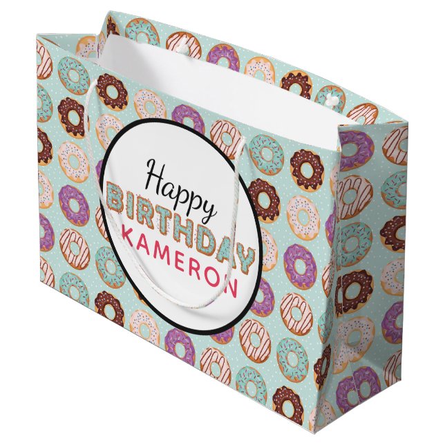 HAPPY BIRTHDAY Blue Iced Donuts Pattern With Name Large Gift Bag (Back Angled)