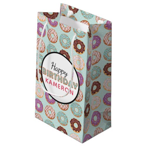 HAPPY BIRTHDAY Blue Iced Donuts Pattern With Name Small Gift Bag