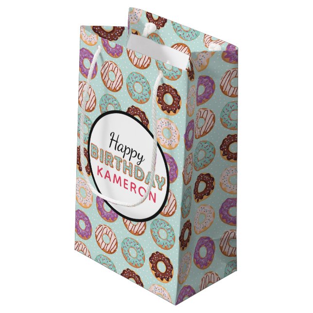 HAPPY BIRTHDAY Blue Iced Donuts Pattern With Name Small Gift Bag (Back Angled)
