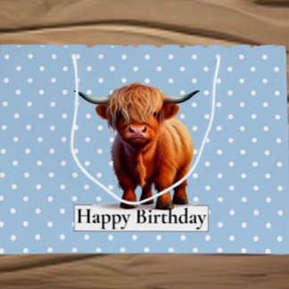 HAPPY BIRTHDAY Blue LONG HAIR COW Large Gift Bag
