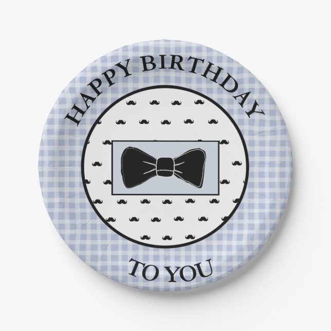 Happy Birthday Blue Mustache & Bowtie Cake Plates (Front)