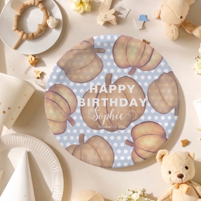 Happy Birthday Blue & Orange Pumpkin Party  Paper Plates (Creator Uploaded)