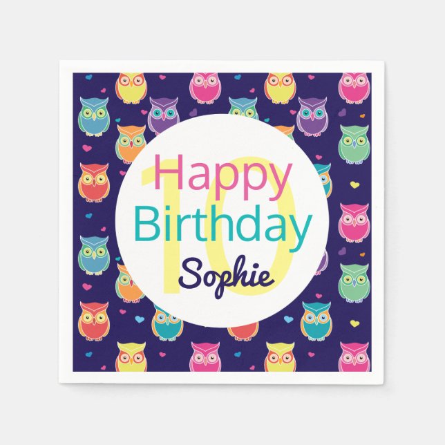 Happy Birthday Blue Owl Pattern Personalized Kids Paper Napkins (Front)
