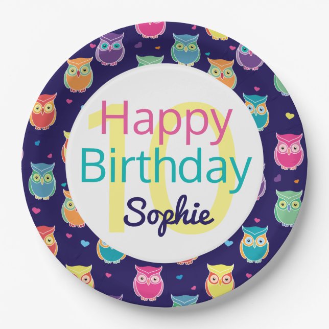 Happy Birthday Blue Owl Pattern Personalized Kids Paper Plates (Front)