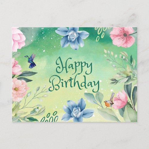 Happy Birthday Blue Pink Watercolor Flowers Postcard