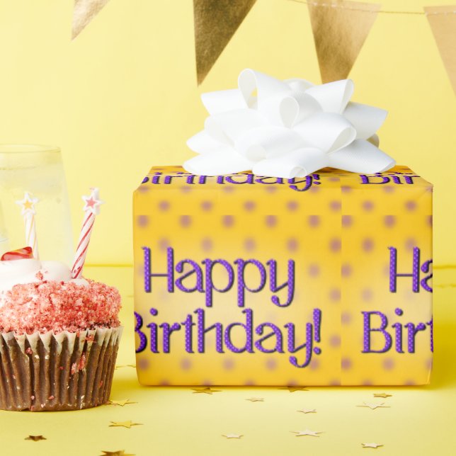 Happy Birthday Blue Polka Dot Text Yellow Bkgrd Wrapping Paper (Birthday Party)