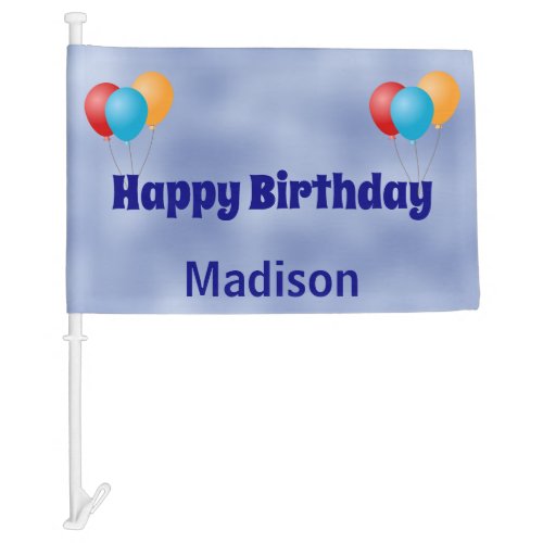 Happy Birthday Blue Red Yellow Balloons with Name Car Flag