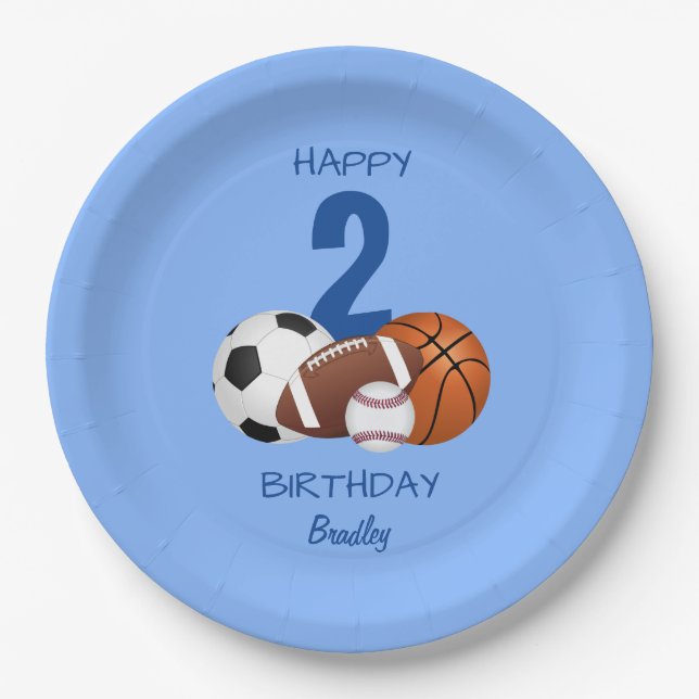 Happy Birthday Blue Sports Kids Paper Plates (Front)