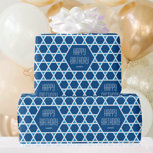 Happy Birthday Blue Star Pattern Personalized Wrapping Paper