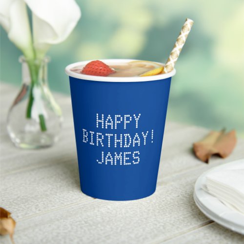 Happy Birthday blue white custom name modern cute Paper Cups