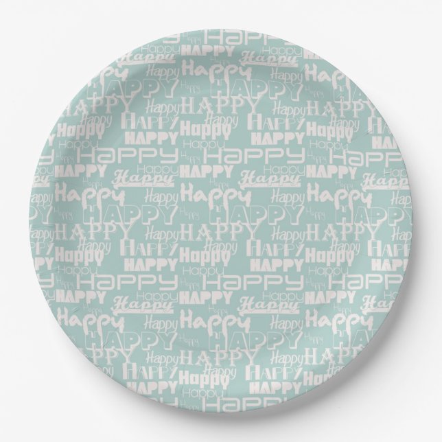 Happy Birthday Blue White Paper Plates (Front)