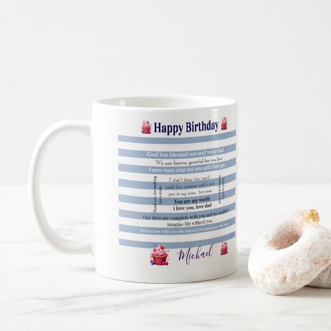 Happy Birthday Blue & White Stripe Mug (With Donut)