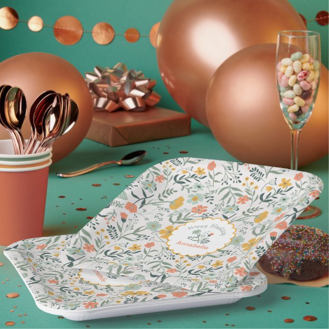 Happy Birthday Blue Yellow Flowers Name Paper Plates (Multi)